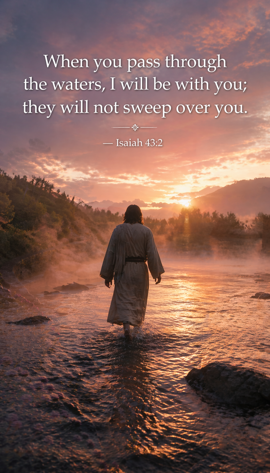 Lone figure walking through shallow river at misty dawn pink gold sunrise reflection mist rising -- Isaiah 43:2 through waters vertical wallpaper